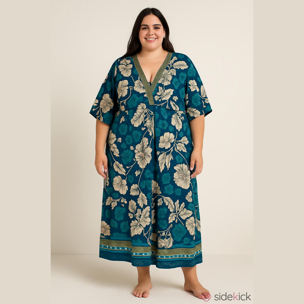 sofia by sofia vergara Teal & Cream Floral V-Neck Midi Dress
